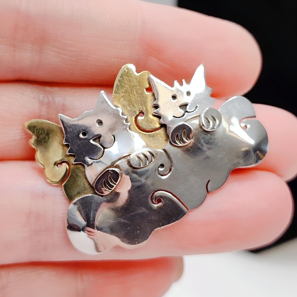 Vintage Far Fetched Sterling Silver Brass Furry Pets Guardian Angel Brooch Pin - Picture 5 of 11